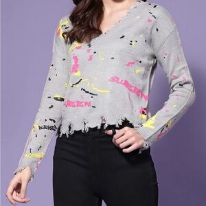 Women's junior TRENDY THREADS knit long sleeve v-neck pullover ripped sweater